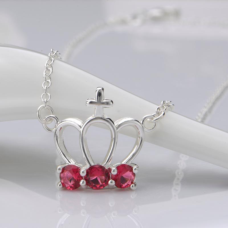 Ruby Cross Crown Necklace in 18K White Gold Plated with Swarovski