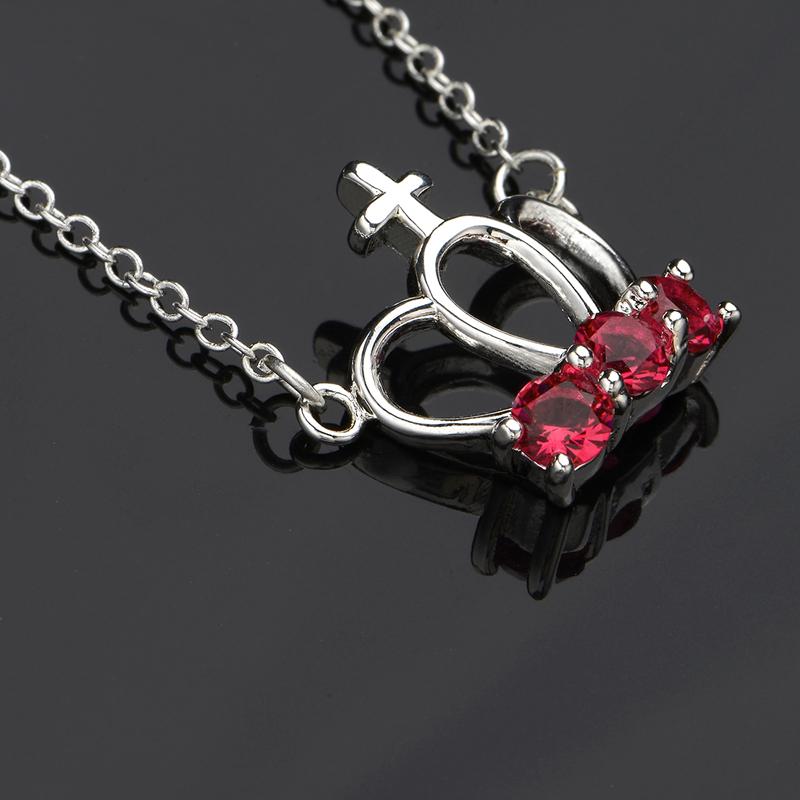 Ruby Cross Crown Necklace in 18K White Gold Plated with Swarovski
