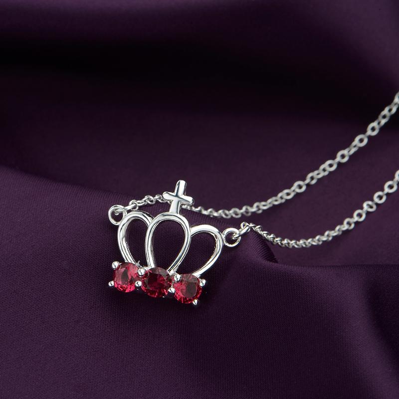 Ruby Cross Crown Necklace in 18K White Gold Plated with Swarovski