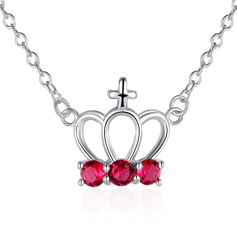 Ruby Cross Crown Necklace in 18K White Gold Plated with Swarovski