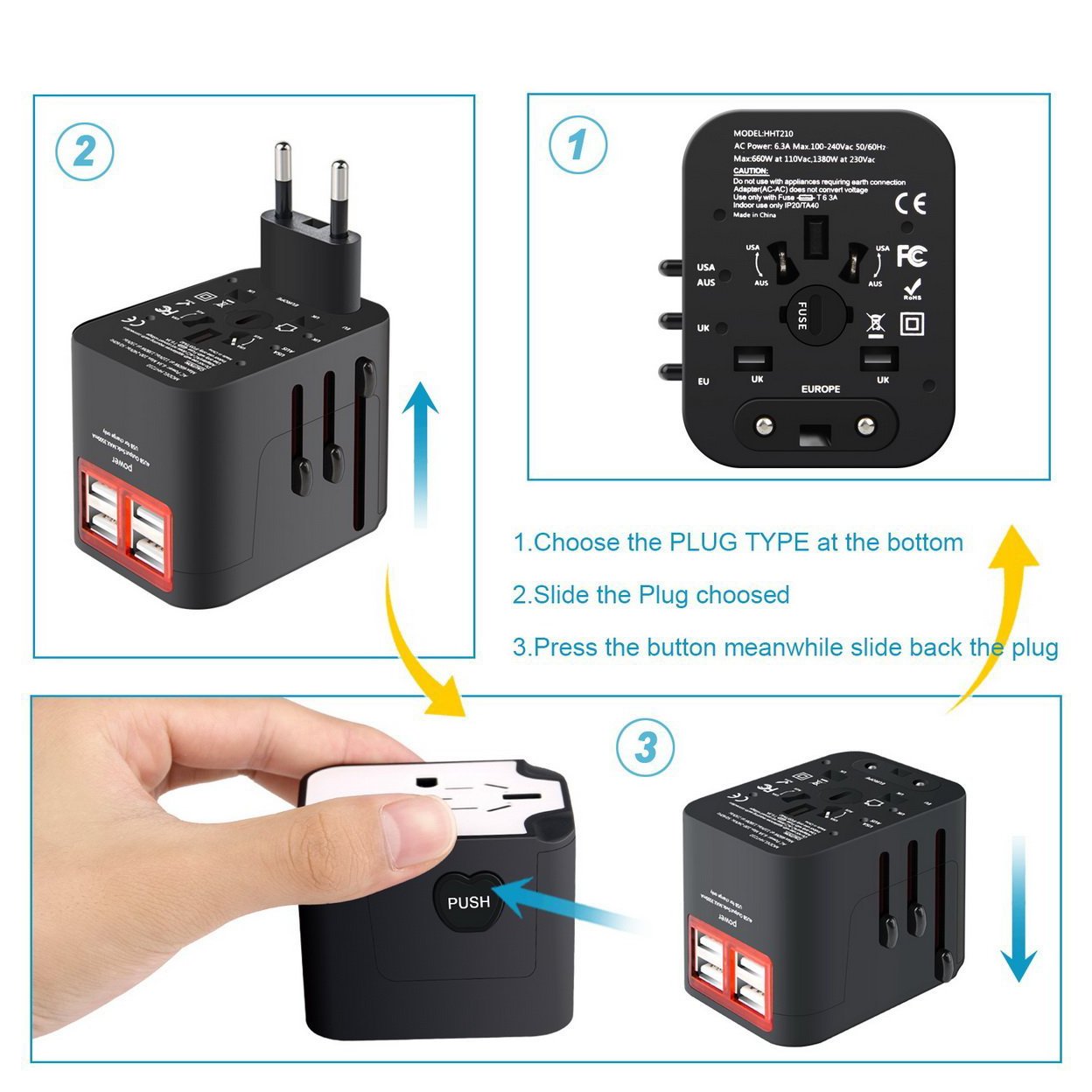 Worldwide Plug Adapter With 4 Port USB Fast Charger And A Surge