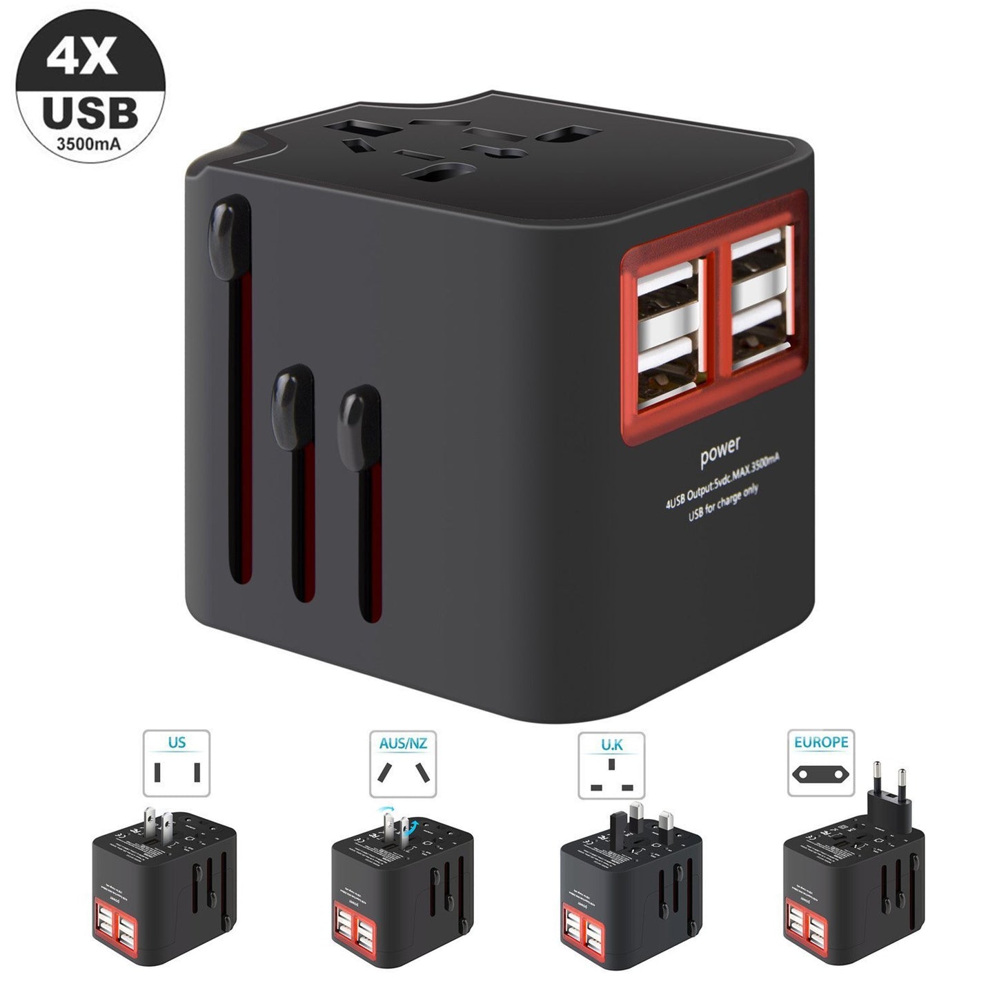 Worldwide Plug Adapter With 4 Port USB Fast Charger And A Surge