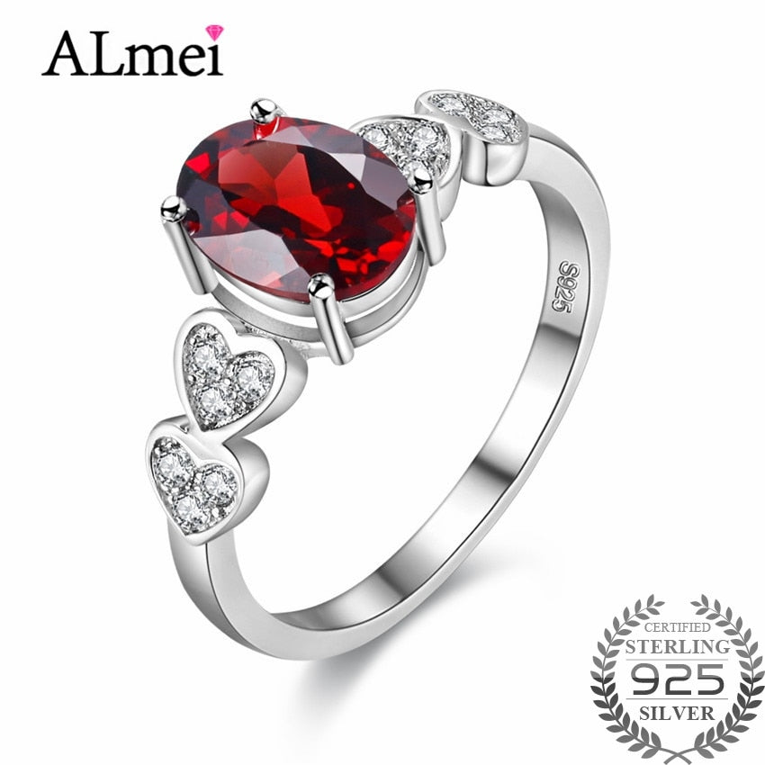 Almei 1ct Retro Red Garnet Love Heart Engagement Rings 925 Sterling