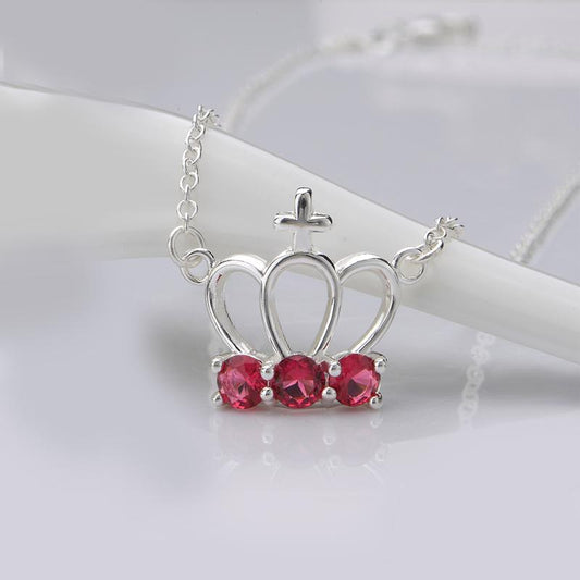 Ruby Cross Crown Necklace in 18K White Gold Plated with Swarovski