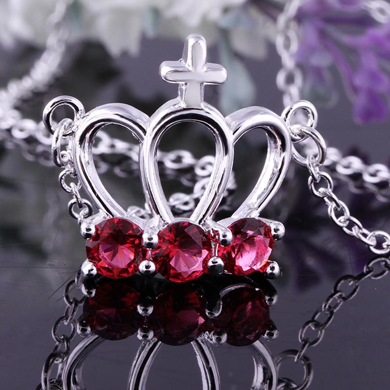 Ruby  Cross Crown Necklace in 18K White Gold Plated with Swarovski