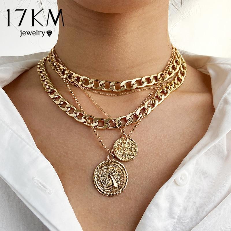 18K Gold Plated Portrait Coin Pendant Necklace For Women Cuban