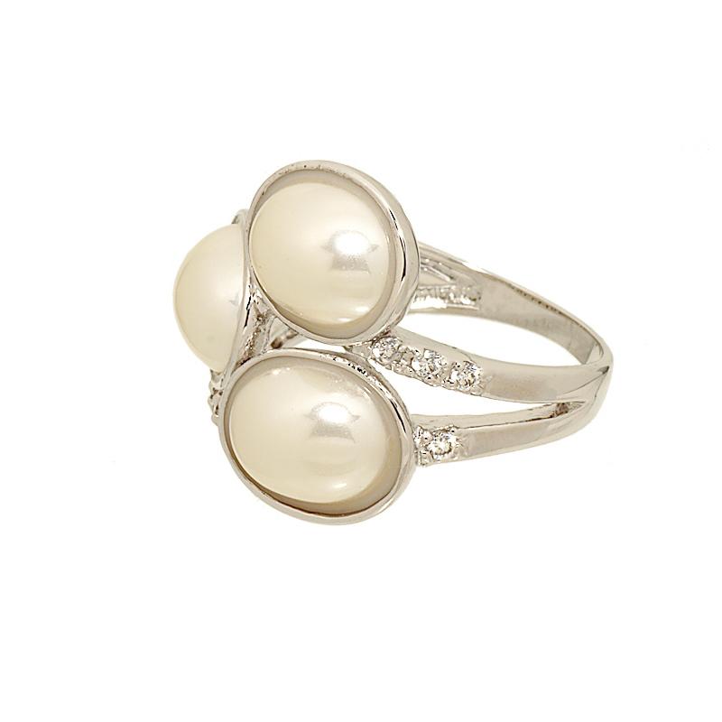 Cabochon Faux Pearl and Cubic Zirconia Wrap Silvertone Ring